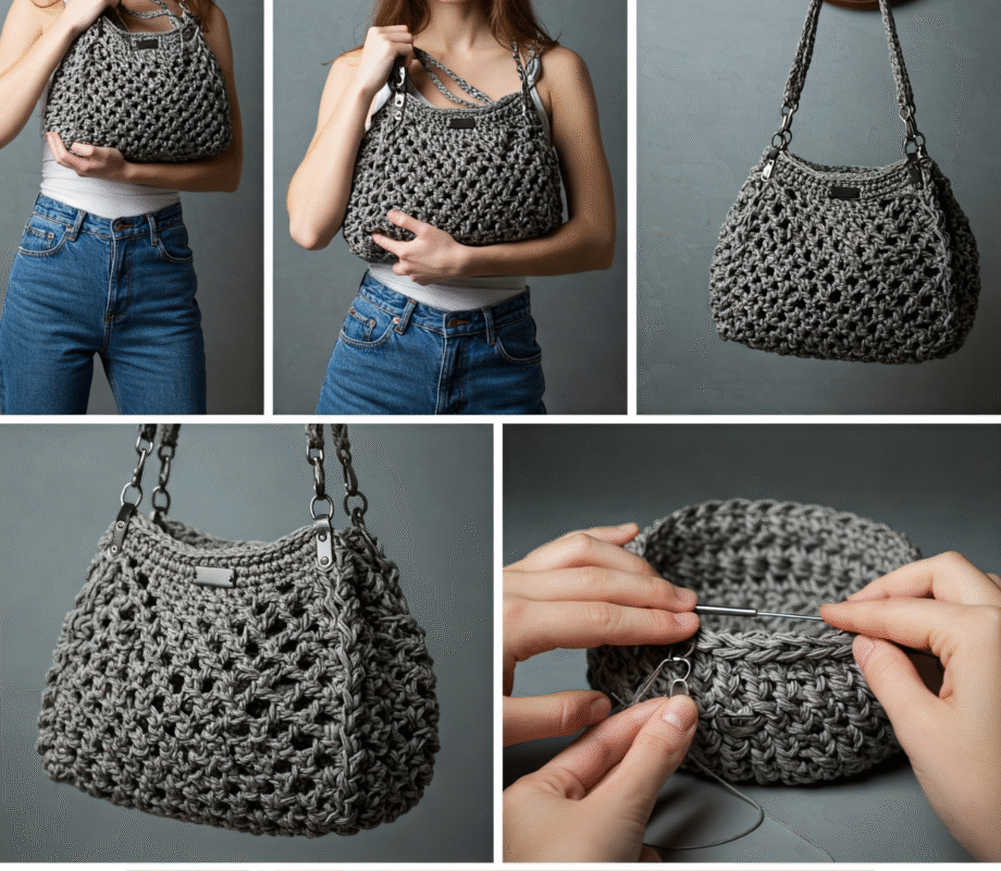 black styled crochet pattern handbag