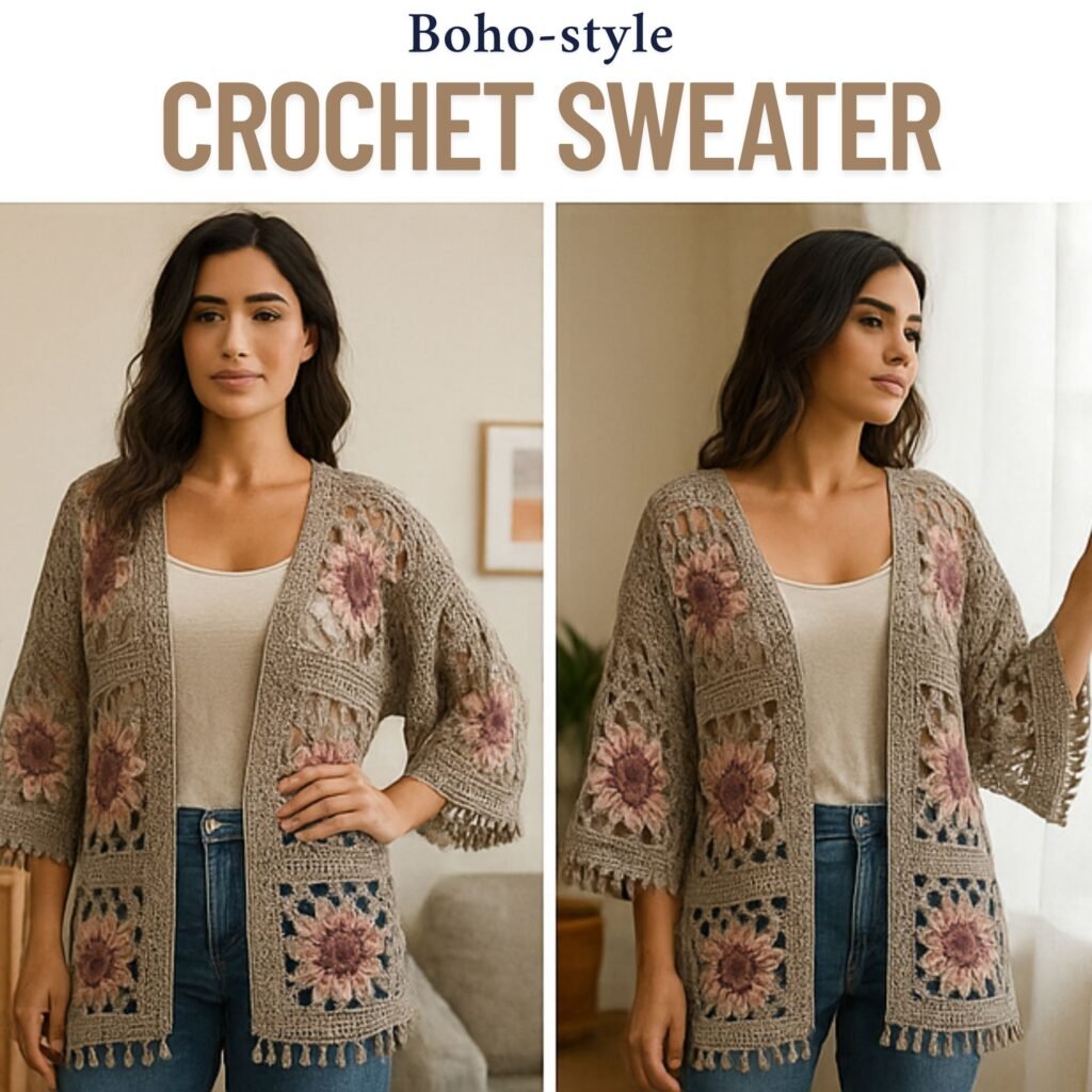 Boho Crochet Cardigan Pattern PDF – Floral Granny Square Jacket, Lacy Kimono Style, DIY Tassel Cardigan, Women's sweater crochet top pattern
