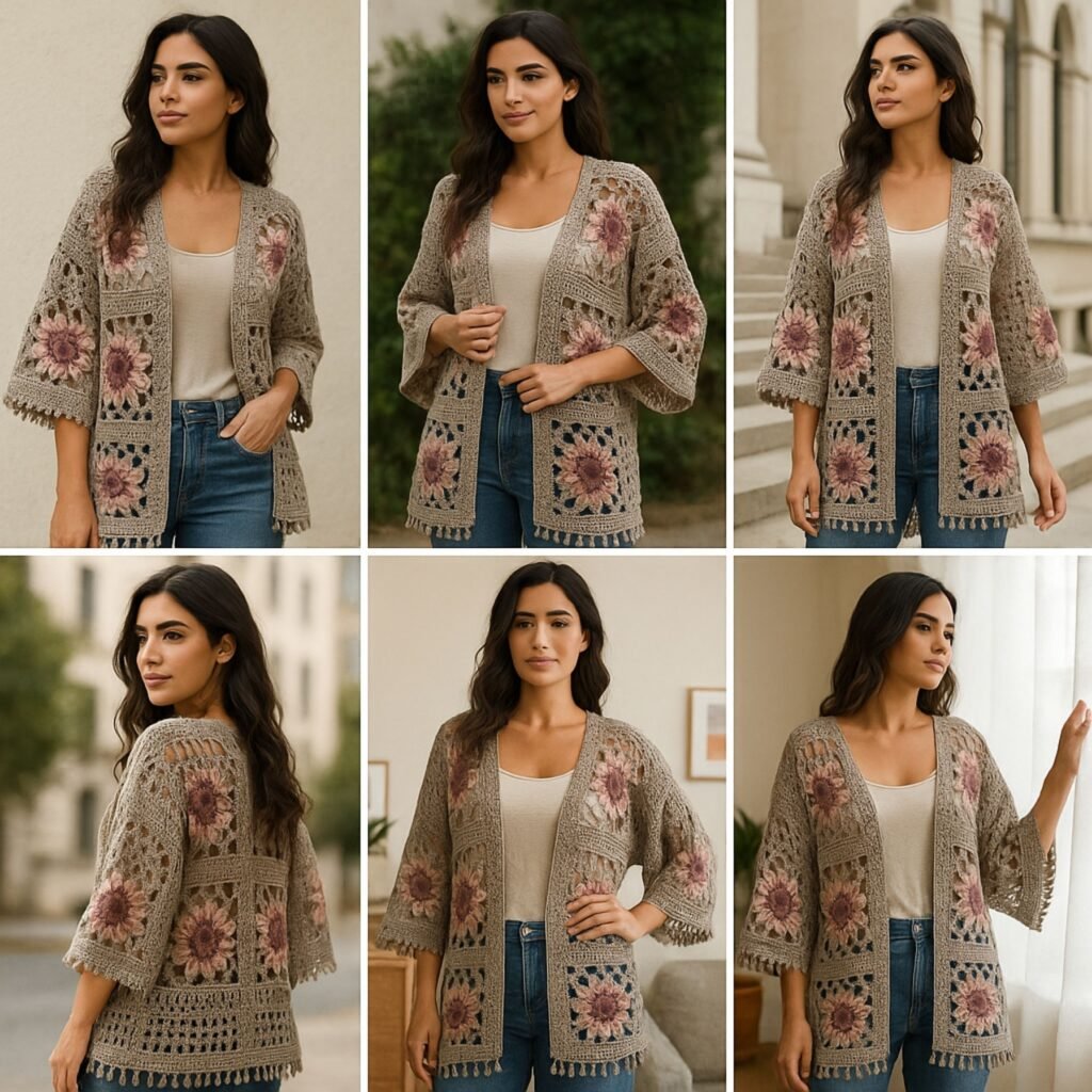 Alternative view of Boho Crochet Cardigan Pattern PDF – Floral Granny Square Jacket, Lacy Kimono Style, DIY Tassel Cardigan, Women's sweater crochet top pattern
